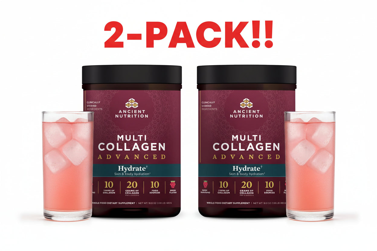 Two containers of Ancient Nutrition Multi Collagen Advanced with glasses of pink drink on a white background.