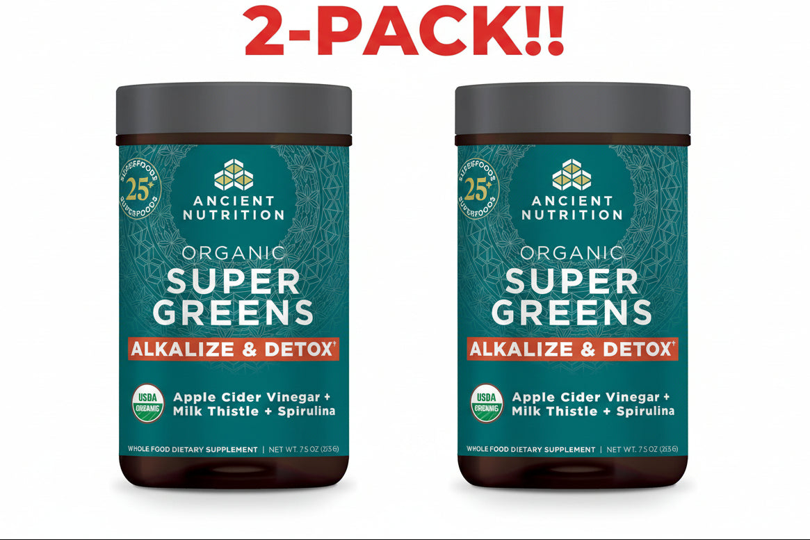 Two jars of Ancient Nutrition Organic Super Greens on a white background with '2-Pack!' text above.