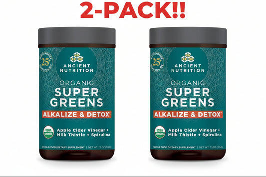 Two jars of Ancient Nutrition Organic Super Greens on a white background with '2-Pack!' text above.