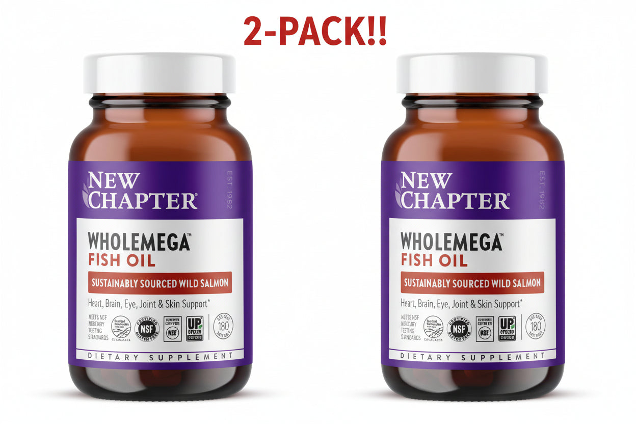 Two bottles of New Chapter Wholemega Fish Oil on a white background with '2-Pack!!' text above.