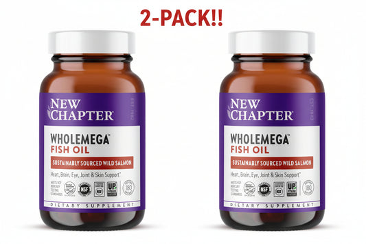 Two bottles of New Chapter Wholemega Fish Oil on a white background with '2-Pack!!' text above.