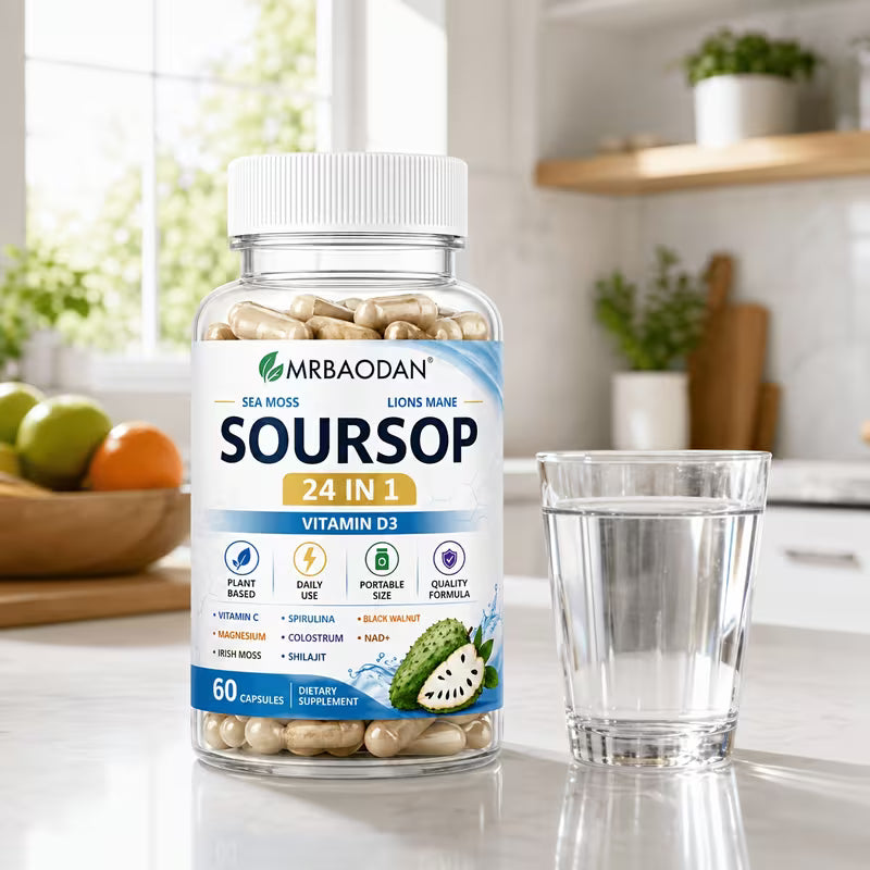 Supplement bottle labeled 'Soursop' by MrBaodan on a kitchen counter with a glass of water.