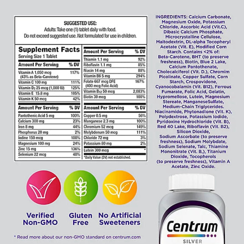 Supplement label with Centrum Silver branding and nutritional information.