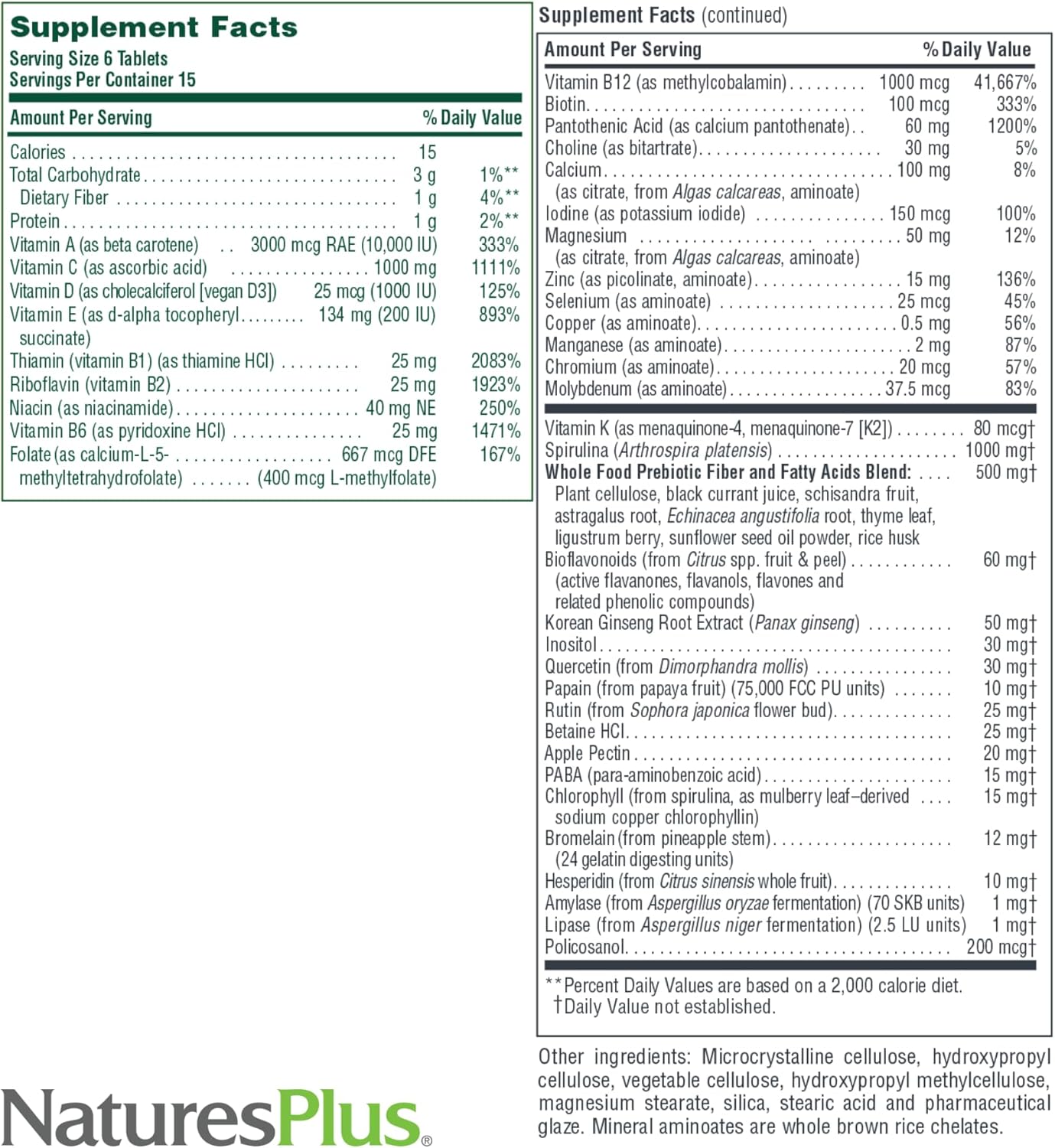 Supplement facts label from NaturesPlus on a white background