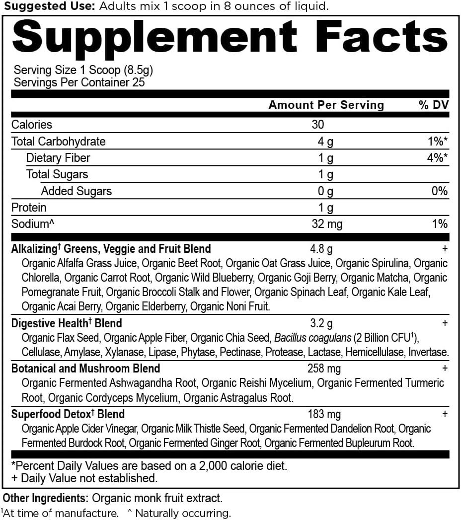 Supplement facts label with detailed nutritional information on a white background