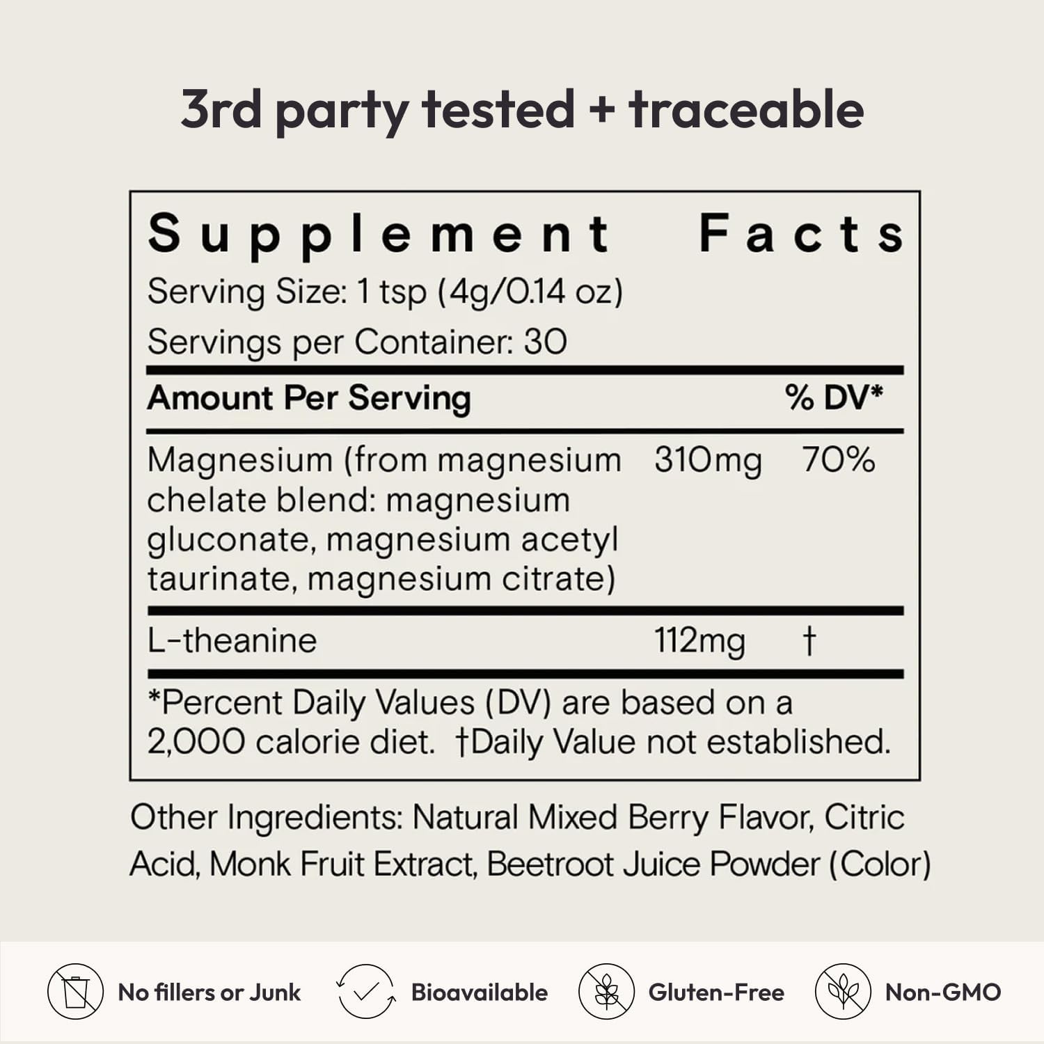 Supplement facts label with magnified text on a light gray background