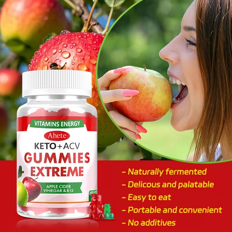Keto+ACV Gummies Extreme supplement bottle with a woman eating an apple, surrounded by red and green apples.