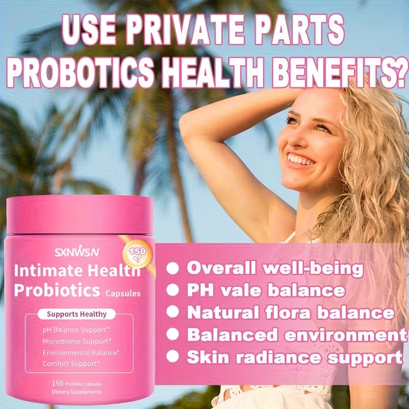 Pink container of Intimate Health Probiotics with a woman in a tropical setting and text about health benefits.