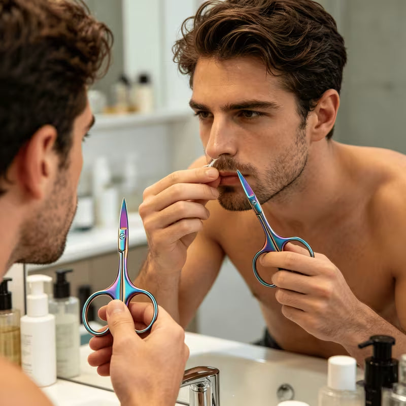 Man using scissors to trim his mustache in front of a mirror.