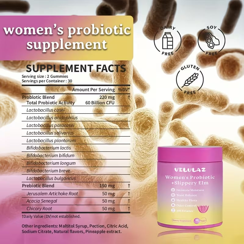 Women's Probiotic + Slippery Elm Gummies – 60 Count, Hawaiian Pineapple Peaceful Pleasures