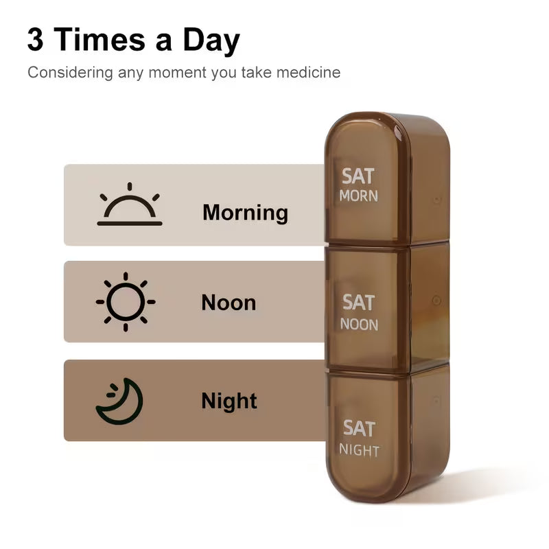 Brown pill organizer with labels for morning, noon, and night on a white background