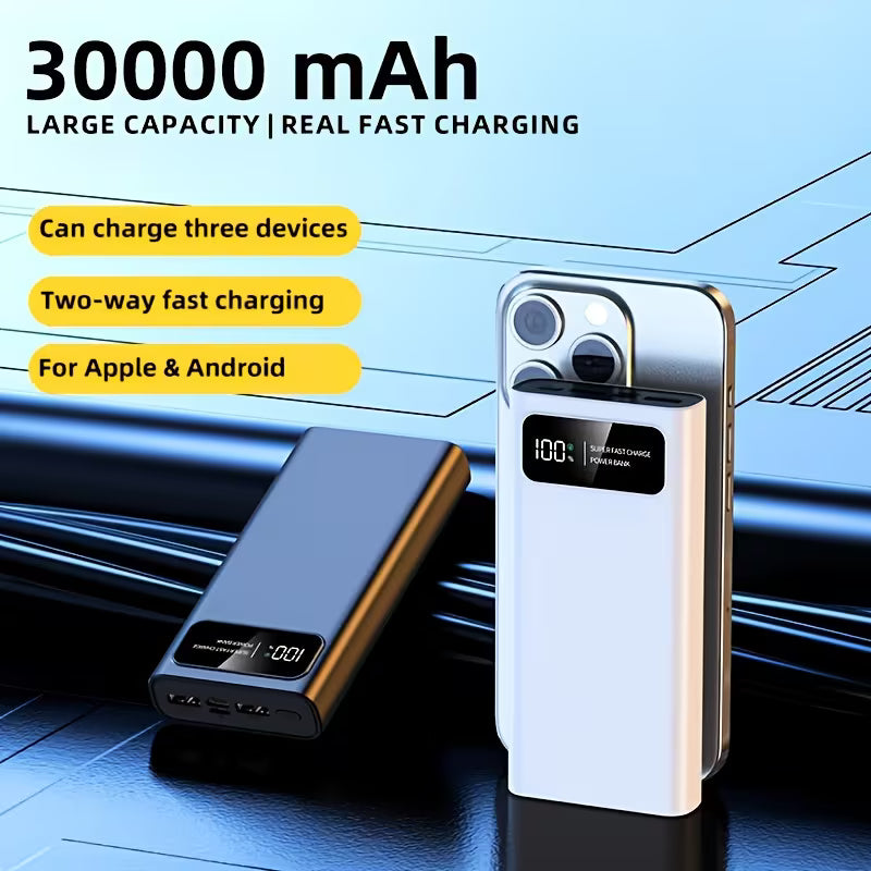 Portable power bank with 30000 mAh capacity, fast charging features, and compatibility with Apple and Android devices.