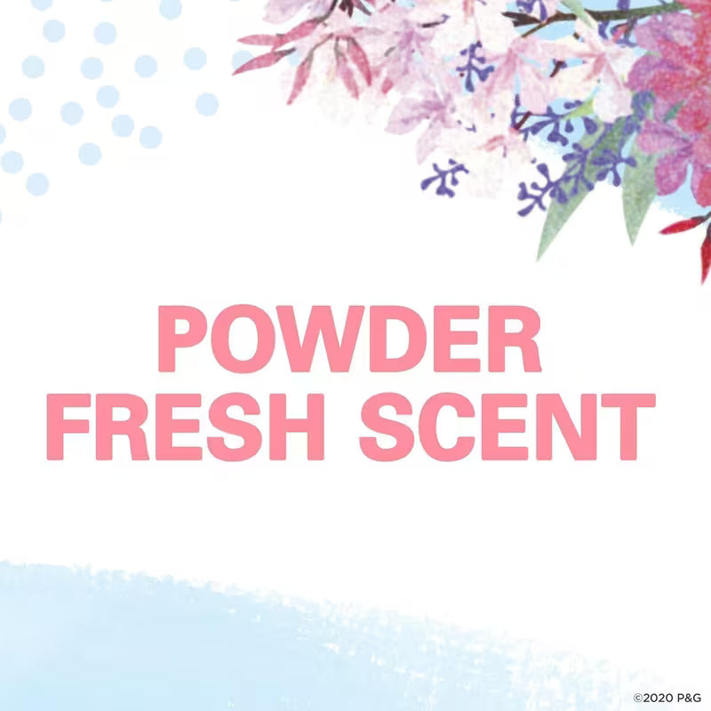 Text 'POWDER FRESH SCENT' with floral design on a light blue background