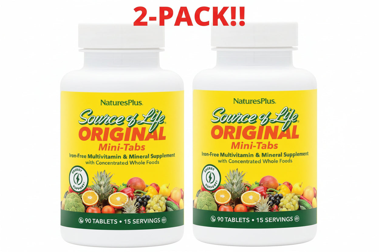 Two bottles of NaturesPlus Source of Life Original Mini-Tabs on a white background with '2-Pack!!' text.
