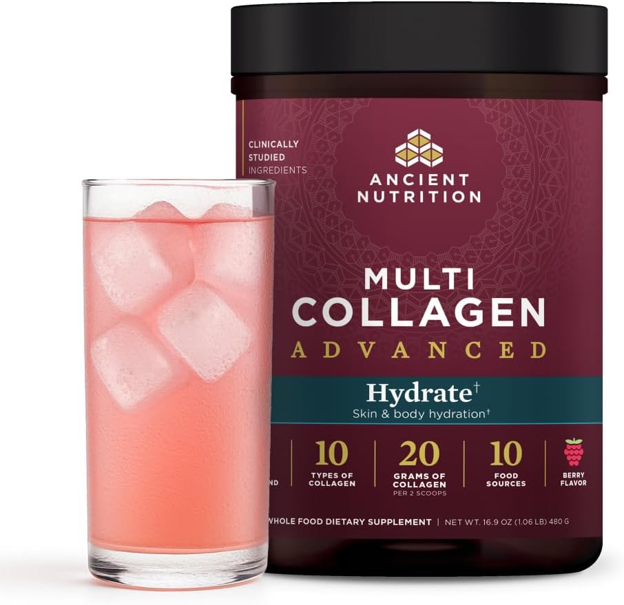 Ancient Nutrition Multi Collagen Advanced supplement container with a glass of pink drink.