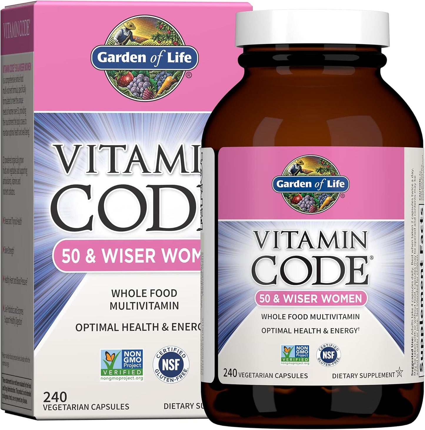 Garden of Life Vitamin Code 50 & Wiser Women multivitamin bottle and packaging on a white background
