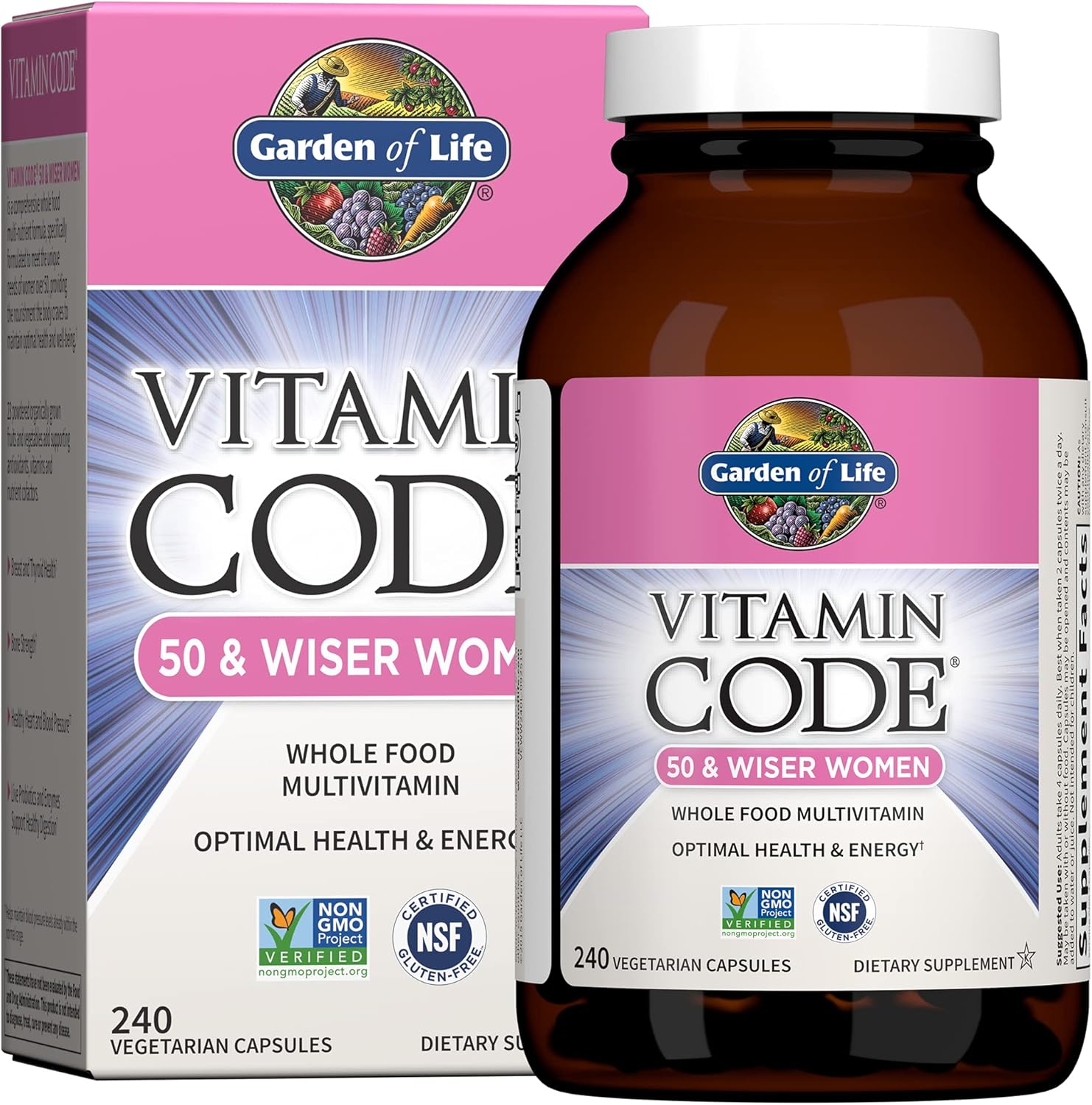 Garden of Life Vitamin Code 50 & Wiser Women multivitamin bottle and packaging on a white background