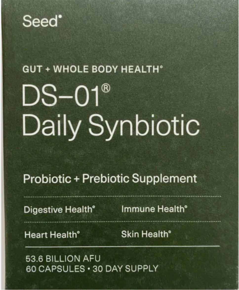 Supplement package for DS-01 Daily Synbiotic by Seed on a green background