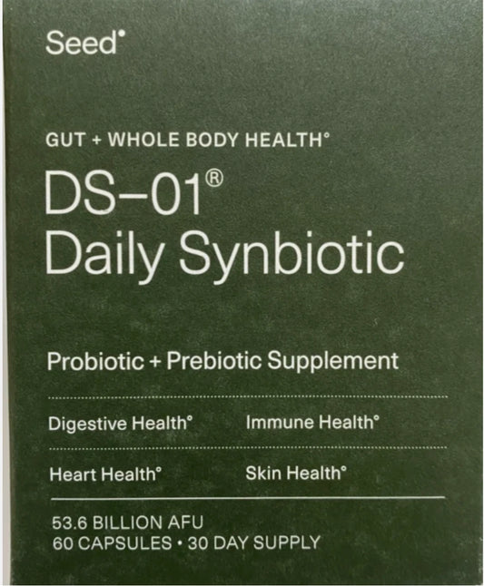 Supplement package for DS-01 Daily Synbiotic by Seed on a green background