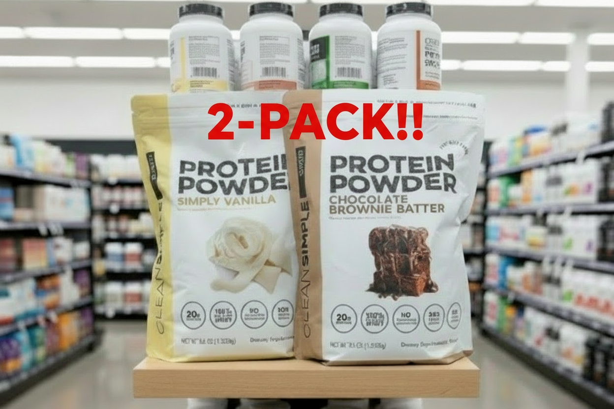 Protein powder packages on a wooden block with a store aisle background