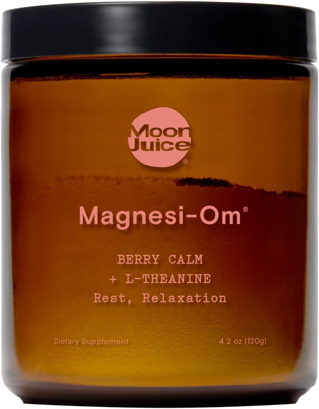 Moon Juice Magnesi-Om supplement jar with black lid on a white background