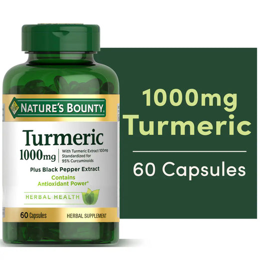 Nature's Bounty Turmeric 1000mg supplement bottle on a white background