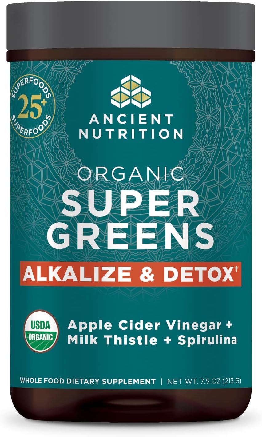 Ancient Nutrition Organic Super Greens supplement container on a white background