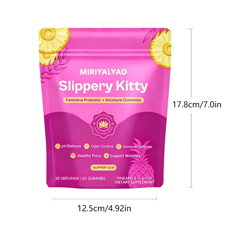 Pink package of Miriyalyad Slippery Kitty gummies with dimensions on a white background