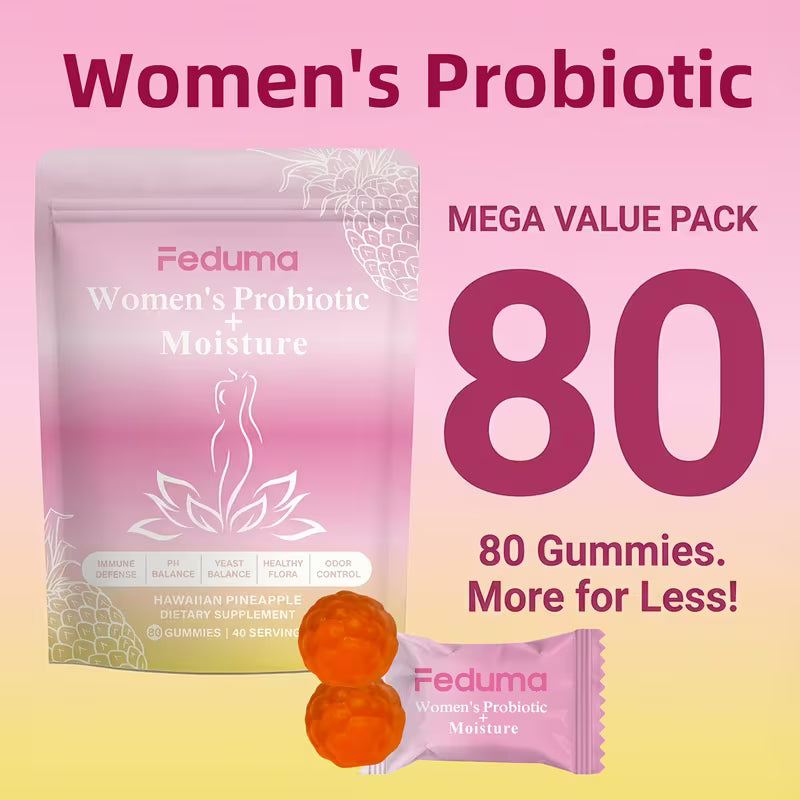 Feduma Women's Probiotic package with gummies on a pink and yellow gradient background