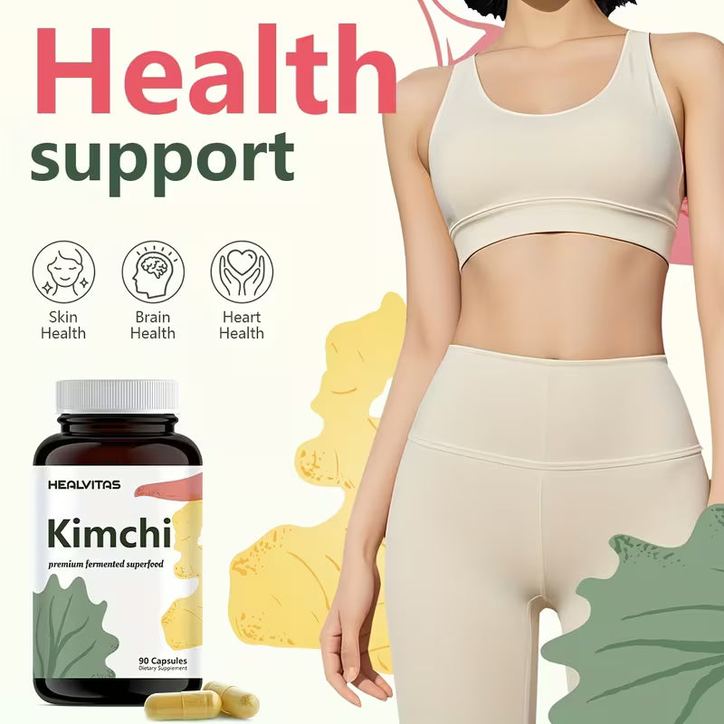 HEALVITAS Kimchi supplement bottle with a person wearing athletic wear, emphasizing health support.