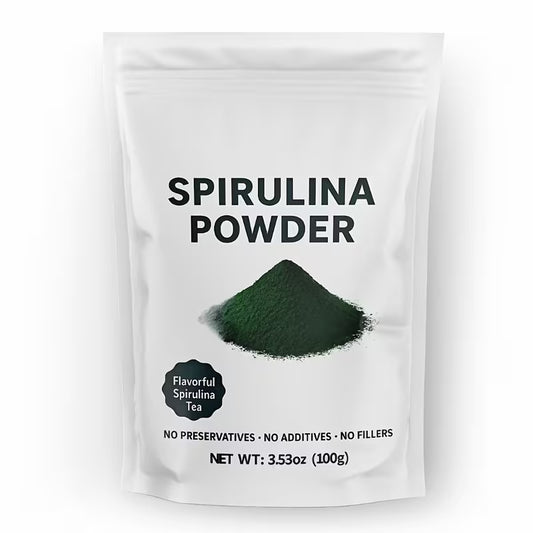 Package of spirulina powder with a white background