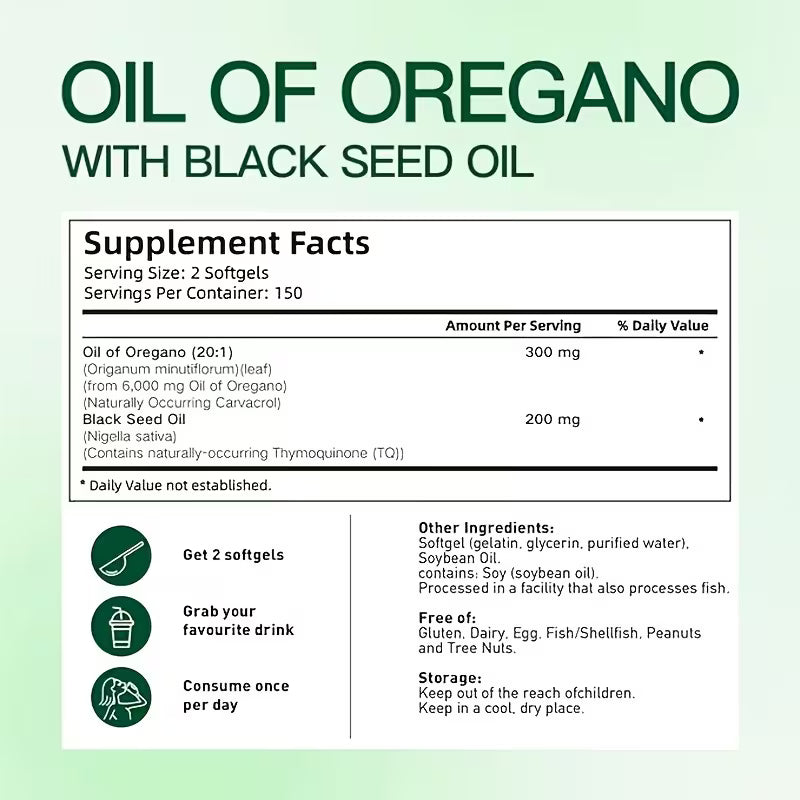 Oil of Oregano 300 Capsules with Black Seed Oil - 2 Pack Peaceful Pleasures
