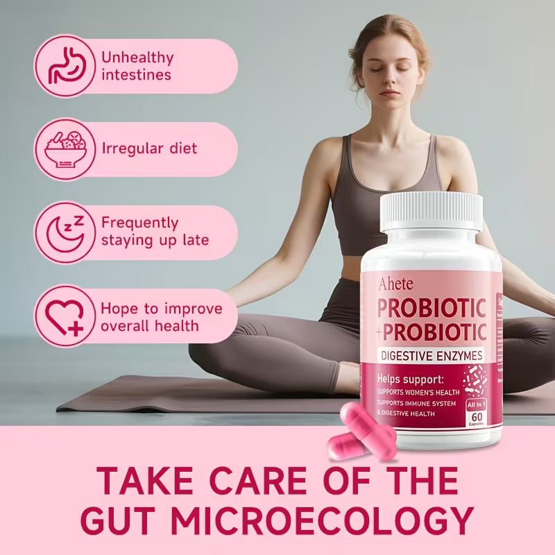 Woman meditating with Ahlete Probiotic supplement bottle and text about gut health on a gray background