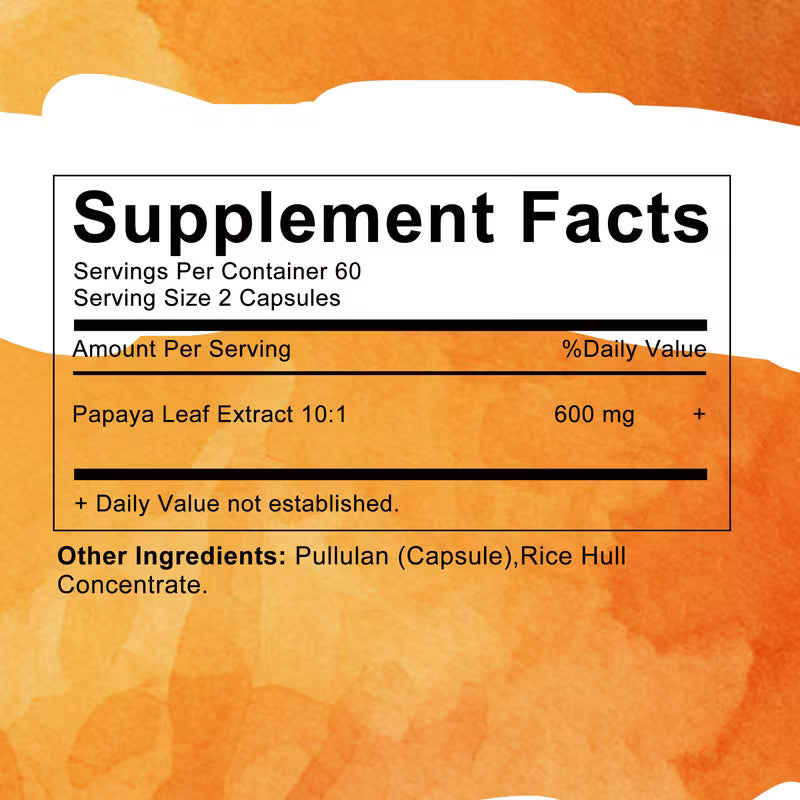 Supplement facts label with papaya leaf extract on an orange background