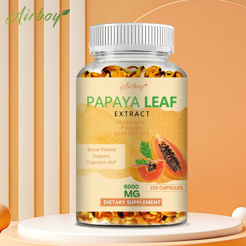 Supplement bottle labeled 'Papaya Leaf Extract' by Airboy on a peach-colored background.