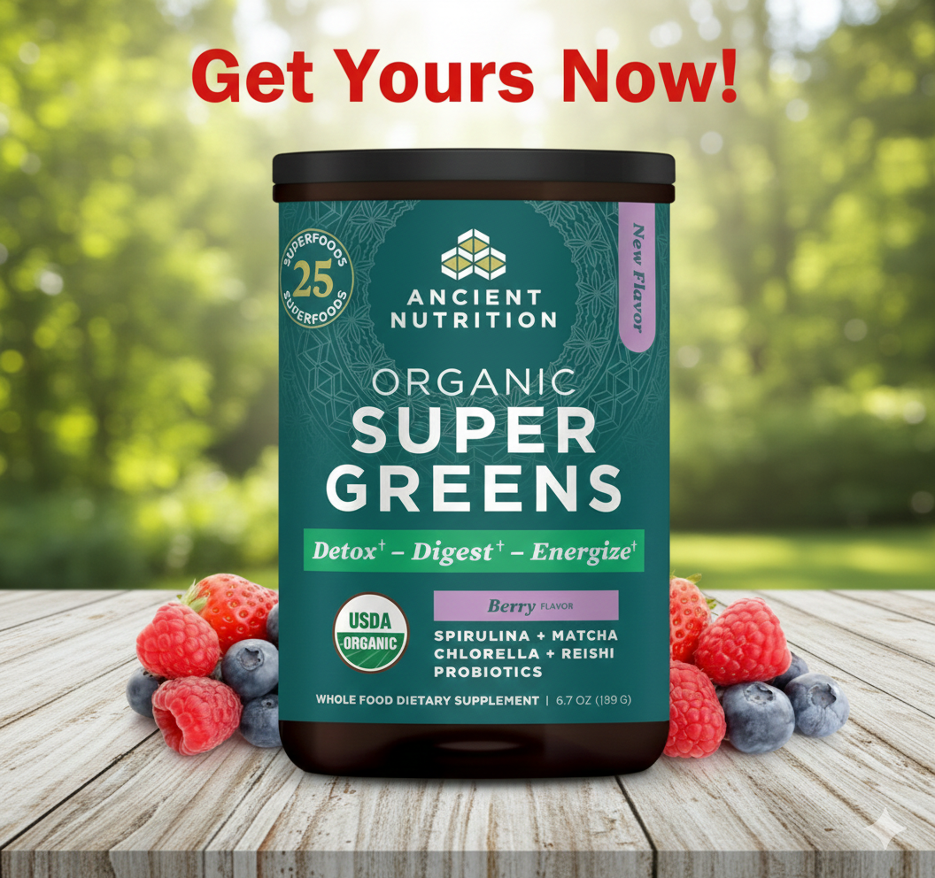 Container of Ancient Nutrition SuperGreens Powder with Probiotics, Organic Berry Flavor, 6.7oz.