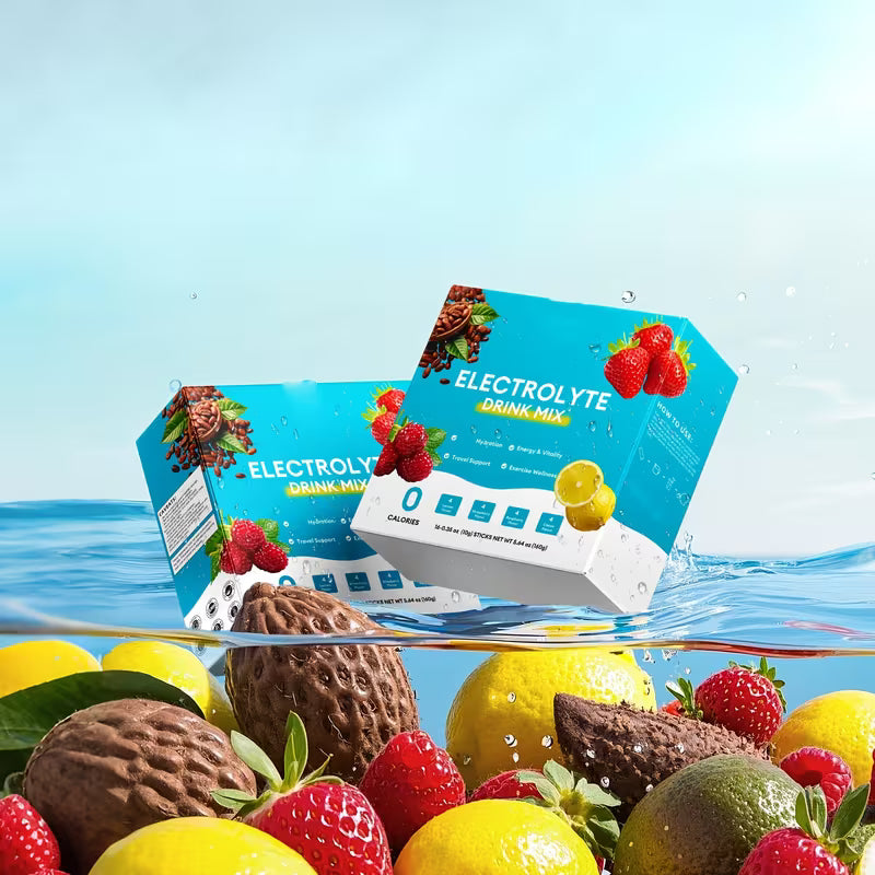 Electrolyte drink mix packaging with fruits and nuts on a water surface