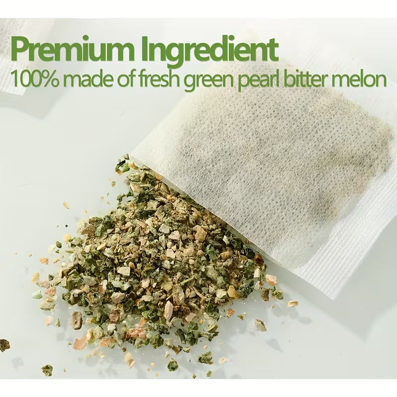 Dried green pearl bitter melon spilling out of a white container with text on a white background