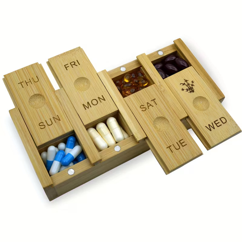 7-Day Bamboo Pill Organizer – Arthritis-Friendly Weekly Pill Box Peaceful Pleasures