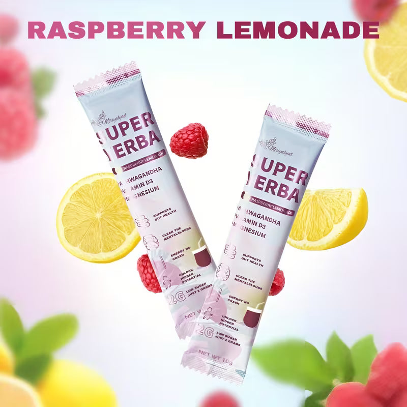 Two Super Erba raspberry lemonade sticks with raspberries and lemons in the background.