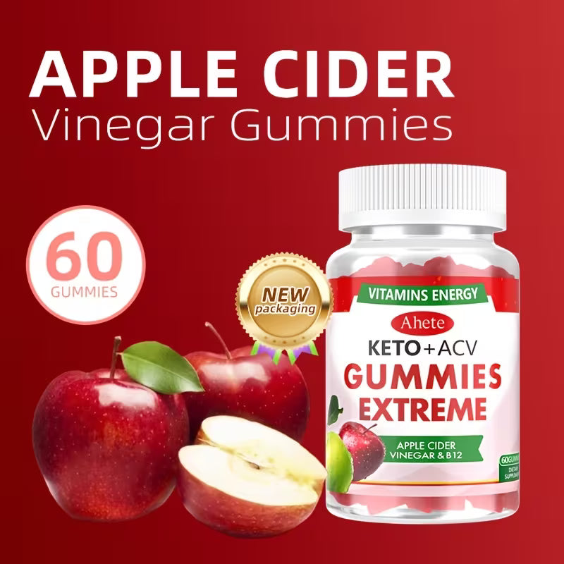 Bottle of Ahete Keto + ACV Gummies Extreme with apples on a red background