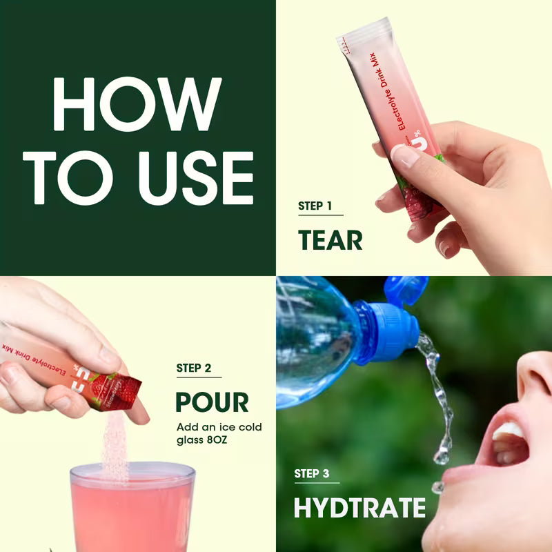 Instructions on how to use a pink drink mix packet with text and images of hands and water.