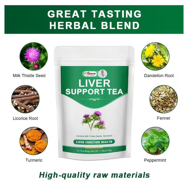 Liver support tea package with ingredients listed on a white background