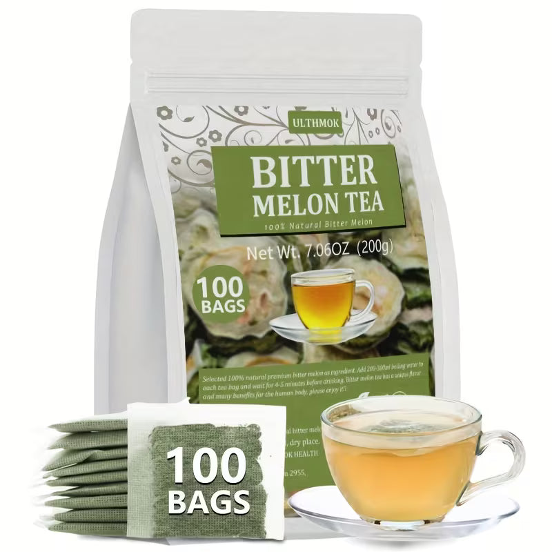 Bitter melon tea package with a cup of tea on a white background