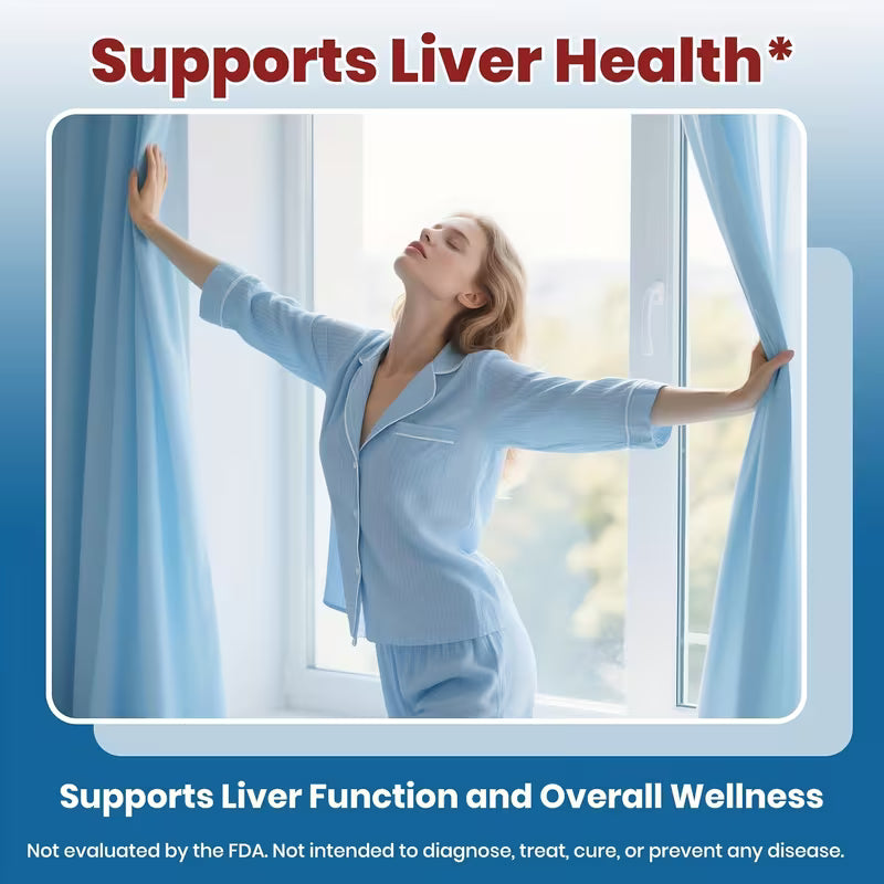Woman in pajamas standing by a window with text about liver health and wellness.