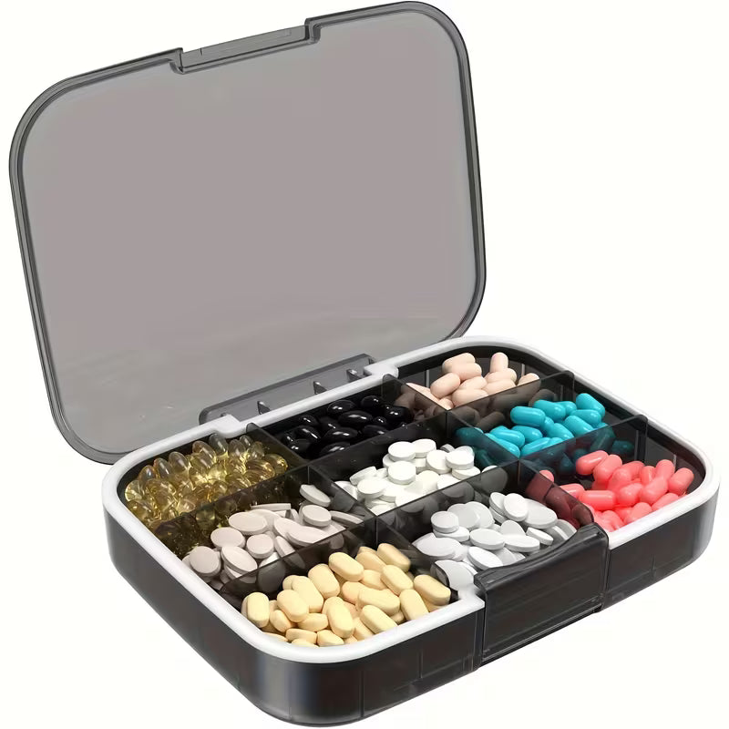 Multivitamin container with various colored compartments on a white background