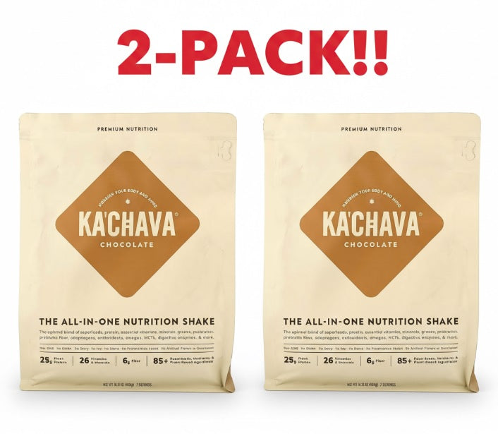Two Kachava chocolate nutrition shake packages on a white background with '2-Pack!!' text.