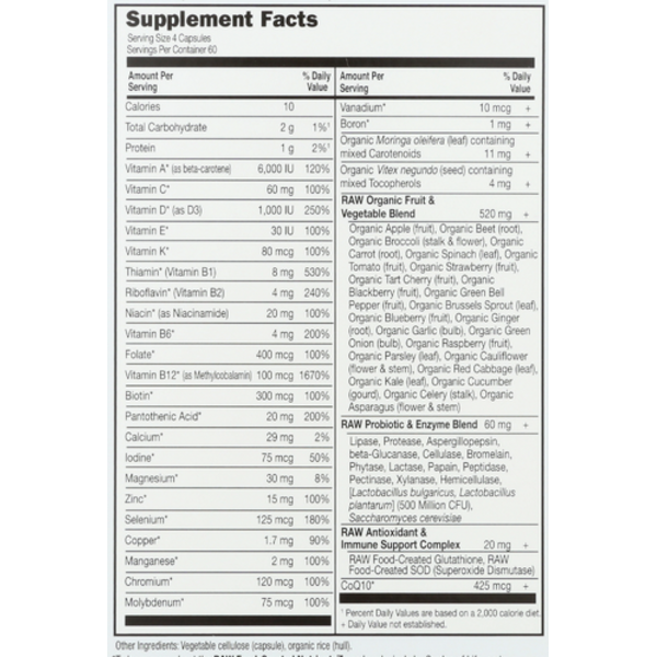 Supplement facts label with detailed nutritional information on a white background
