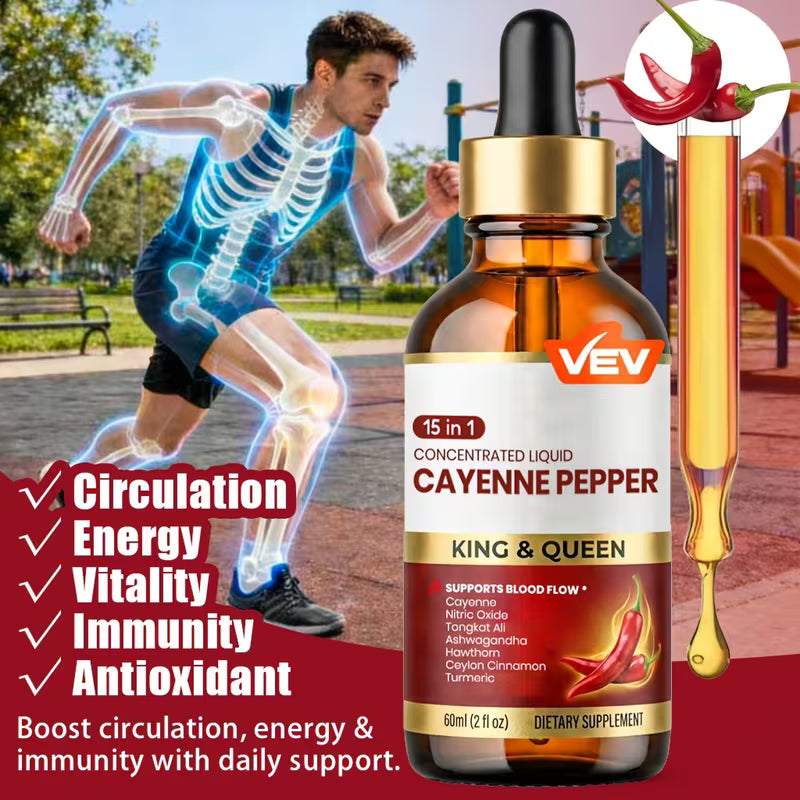 Bottle of VEV Cayenne Pepper supplement with a man running and health benefits listed on a colorful background.