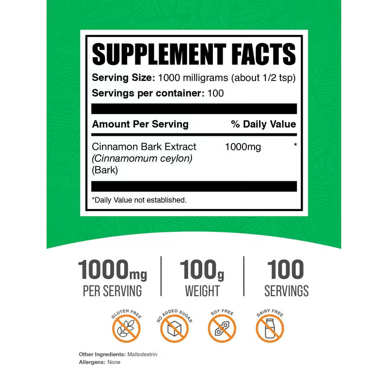 Supplement facts label with green border and white background